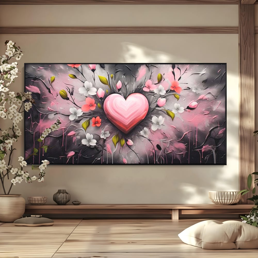 Tablou canvas cu tablou canvas cu inima roz si flori, in rama de aluminiu negru